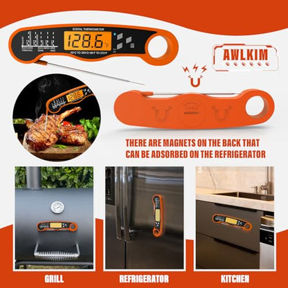 AWLKIM Meat Thermometer Digital, Instant Read Food Thermometer, Orange | Waterproof cooking thermometer with doneness chart, backlight, F/C switch for BBQ, candy, oil - color: Orange