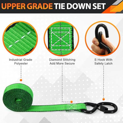 A ANTELOPE 4 Pack 1" x 15' Ratchet Tie Down Straps with S Hooks, Green - color: Green, size: 4PK-1 in