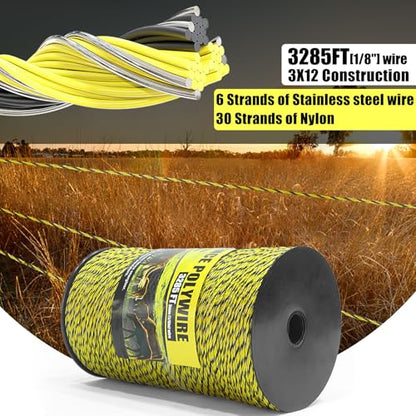 NQN Upgrade Electric Fence Polywire 3285FT,1000 Meters, 6 Stainless Steel Strands for Reliable Conductivity, Portable Electric Fencing, UV Resistant, Rust Resistant, Highly conductive, Easy to Install - size: 3285 Feet