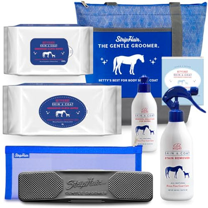 Horse Grooming Kit 8-piece The Gentle Groomer 6-in-1 Shed Groom Massage Tool & Pouch, 2 Packs Bamboo Cloth Wipes, 2 Coat Cleaners, Tote Bag