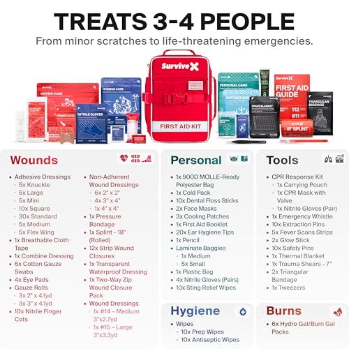 SurviveX Large First Aid Kit, Emergency Kit for 3-4 People | Labeled Pockets, Zip Stitch Wound Closures, Mountable, Quick Access, For Home, Car, Camping - size: Large
