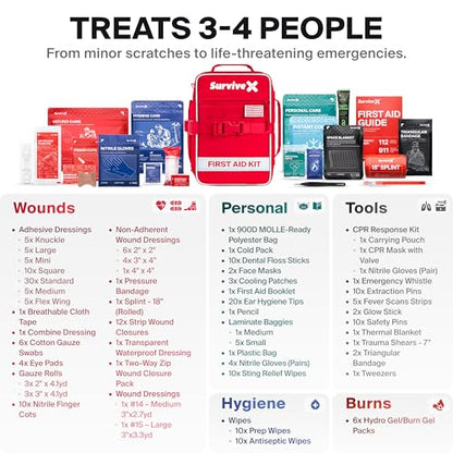 SurviveX Large First Aid Kit, Emergency Kit for 3-4 People, Pack of 2 | Labeled Pockets, Zip Stitch Wound Closures, Mountable, Quick Access, For Home, Car, Camping - size: Large (Pack of 2)