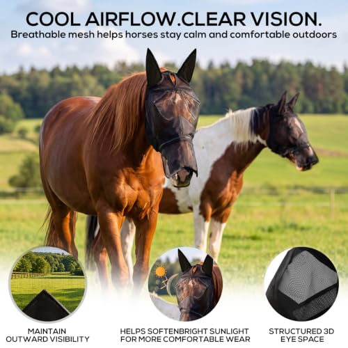 Horse Fly Mask with Ears & Detachable Nose Cover, Large - size: Large