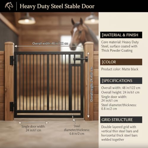 Durable 48"x24" Grid Horse Stall Gates, Two-Way Opening Matte Black Stall Guards for Horses, Robust Steel Stable Door for Show Stables & Barns, Easy Installation