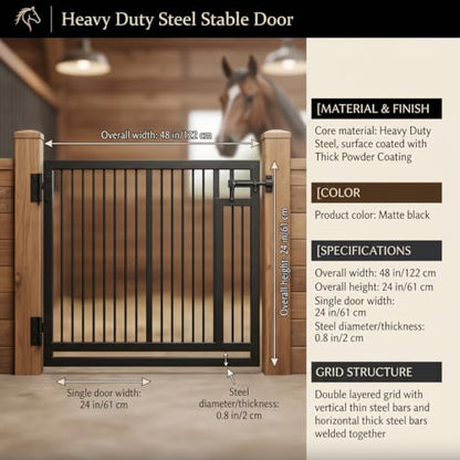 Durable 48"x24" Grid Horse Stall Gates, Two-Way Opening Matte Black Stall Guards for Horses, Robust Steel Stable Door for Show Stables & Barns, Easy Installation