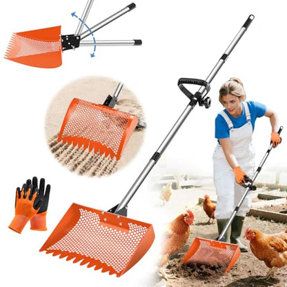 12inch Chicken Poop Scooper & Rake 2-in-1 with Adjustable Handle - color: Orange
