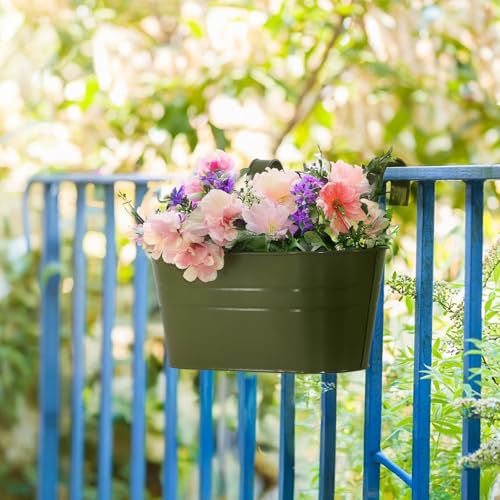 3 Pack Metal Railing Planters, 10.5" Oval Hanging Flower Pots with Detachable Hooks & Drainage Holes, Fits Rails up to 2.36", Galvanized Iron Fence Bucket for Balcony Garden Patio - Green - color: Green, size: 3 Pack, 10.5"L x 5.7"W x 4.7"H