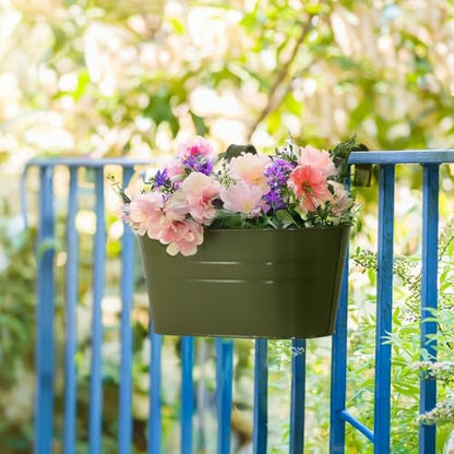 3 Pack Metal Railing Planters, 10.5" Oval Hanging Flower Pots with Detachable Hooks & Drainage Holes, Fits Rails up to 2.36", Galvanized Iron Fence Bucket for Balcony Garden Patio - Green - color: Green, size: 3 Pack, 10.5"L x 5.7"W x 4.7"H