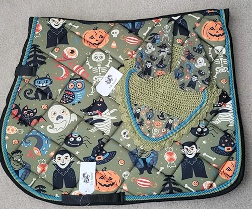 New Halloween Horse Costume All Purpose English Saddle Pad with Matching Fly Bonnet Ear Net Veil