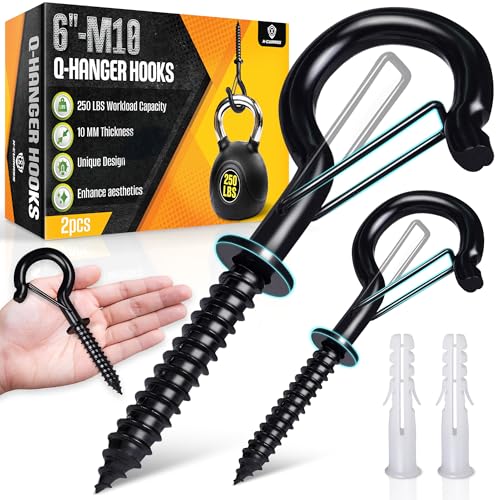 [HEAVY-DUTY] 250Lbs 6’’ M10 Q-Hanger Hook with Safety Buckle & Washer, 2Pcs