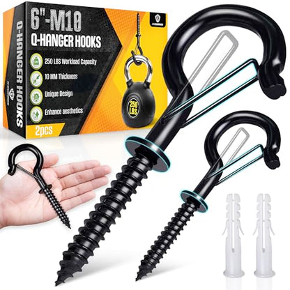 [HEAVY-DUTY] 250Lbs 6’’ M10 Q-Hanger Hook with Safety Buckle & Washer, 2Pcs