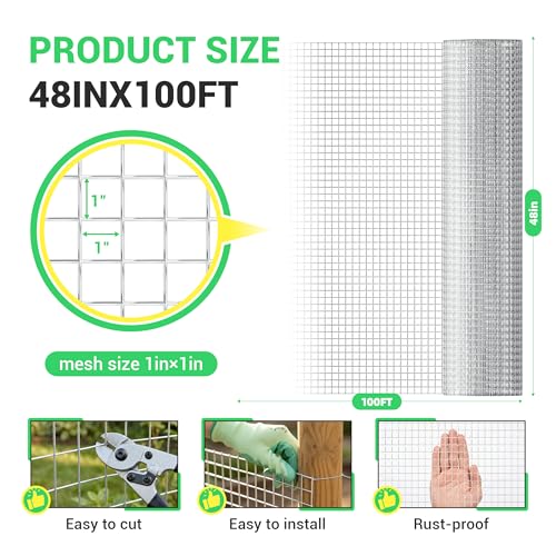Land guard 19 Gauge Hardware Cloth, 1 inch 48inch×100ft Chicken Wire Fence, Galvanized Welded Cage Wire Mesh Roll Supports Poultry Netting Cage Fence - color: Galvanized, size: 1 Inch 48inch×100ft