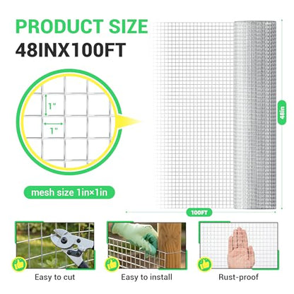 Land guard 19 Gauge Hardware Cloth, 1 inch 48inch×100ft Chicken Wire Fence, Galvanized Welded Cage Wire Mesh Roll Supports Poultry Netting Cage Fence - color: Galvanized, size: 1 Inch 48inch×100ft