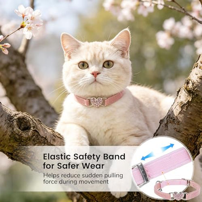 BINGPET Diamond Cat Collar with Bell, Adjustable Kitten Collar, Pink - color: Pink(Heart), size: Neck Girth 8"-10"