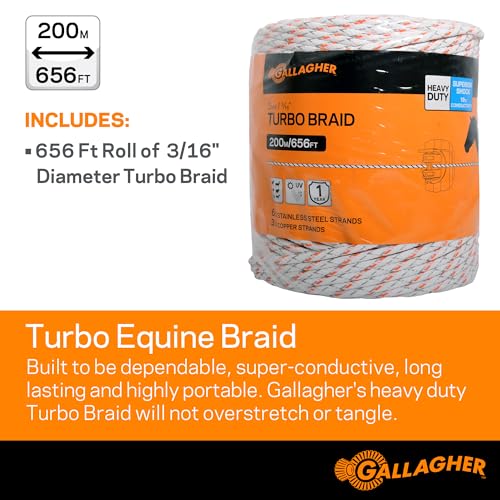 Gallagher 3/16" Electric Fence Rope for Horses | Heavy Duty Braided Electric Horse Fence | High Conductivity Turbo Braid | 656ft Roll for Portable & Semi Permanent Fencing