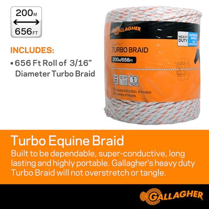 Gallagher 3/16" Electric Fence Rope for Horses | Heavy Duty Braided Electric Horse Fence | High Conductivity Turbo Braid | 656ft Roll for Portable & Semi Permanent Fencing