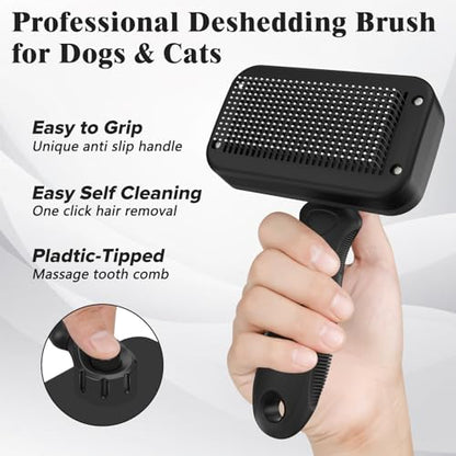 2PCS Self Cleaning Slicker Brush & Dog Comb - Skin Friendly Deshedding Grooming Tool for Dogs, Cats and Small Animals, Professional Deshedding Dematting Tool for Long and Short Haired Pets (Black) - color: Black