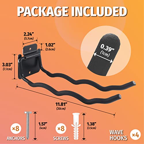 HUHOLE 4 Pack 12 Inch Wave Garage Hooks Wall Mount Hangers