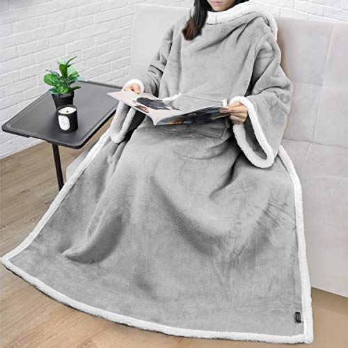 PAVILIA Sherpa Wearable Blanket with Sleeves and Pocket, Plush Thick Cozy Body Blanket Wrap for Adult Women Men, Christmas Gift for Wife Mom, Light Grey - color: Light Gray