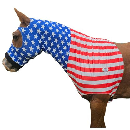 Derby Originals Stars & Stripes Lycra Horse Sleazy Hood with Zipper, Fleece Noseband, Belly Strap – Stretch Neck Cover for Average Horses, Great for Shows & Parades (72"-76")