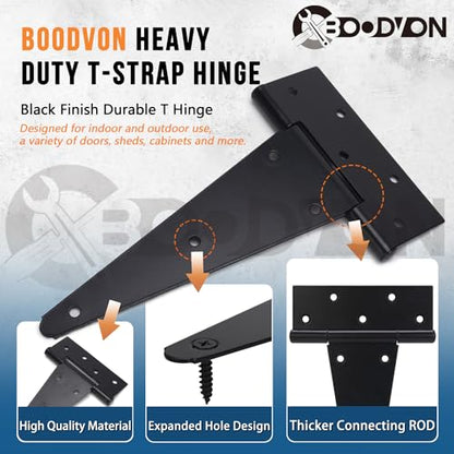 10 Inch T-Strap Gate Hinges, Shed Barn Door Hinges Heavy Duty, Black Tee Hinges for Wooden Fences, Yard Gate, Wrought Hardware Iron Rustproof (2Pack/Set) - size: 10 Inch