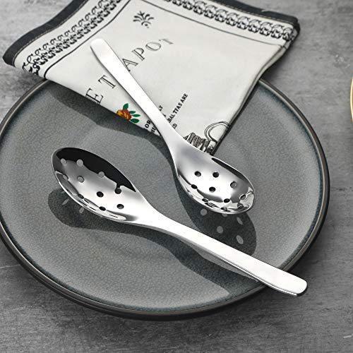 AOOSY Small Slotted Spoons,Modern Stylish Thick Heavy-weight Short handle Stainless Steel 10 Holes Durable Caviar Spoon for Soup Cereals Dips Curry Sauces Stews, Set of 2