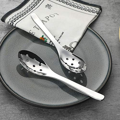 AOOSY Small Slotted Spoons,Modern Stylish Thick Heavy-weight Short handle Stainless Steel 10 Holes Durable Caviar Spoon for Soup Cereals Dips Curry Sauces Stews, Set of 2