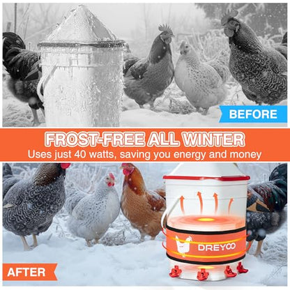 Dreyoo Thermo Bucket Belt with Insulated Wrap, Fits 2-5 Gallon Chicken Waterer, Auto-Thermostatic Chicken Waterer Heater with 5.9ft Power Cord, Energy-Efficient & Durable, Safe to -10°F