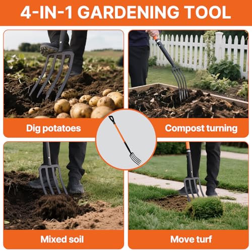 KOLEIYA 4-Tine Garden Fork,Heavy Duty Pitch Fork for Gardening,Digging Fork and Spading Fork for Loosening Soil,Compost Fork with Fiberglass Handle,45 Inch