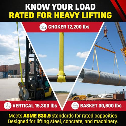 4" x 16' Nylon Lifting Web Sling – USA Made, 15,300 lb Vertical, 12,200 lb Choker, 30,600 lb Basket – 3 Ply Heavy Duty 900 Webbing, Type 3 Flat Eye & Eye Rigging Sling - size: 4"x16'
