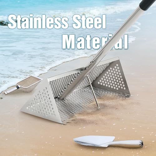 Sand Flea Rake, Stainless Steel Sand Sifter, Shark Tooth Sifter with A 16-Inch Wide Drain Screen for Finding Fleas,Shells and Shark Teeth