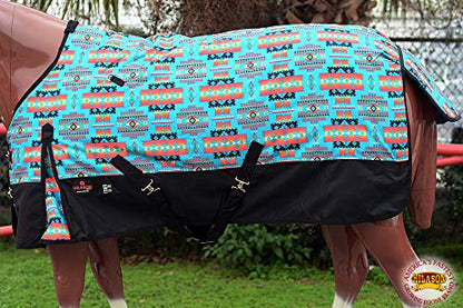 Waterproof Horse Turnout Sheet Hilason 1200D Rip-Stop Lightweight Rain Sheet with Belly Wrap Taffeta Lining Shoulder Gussets - color: Turquoise Aztec With Black, size: 75 in