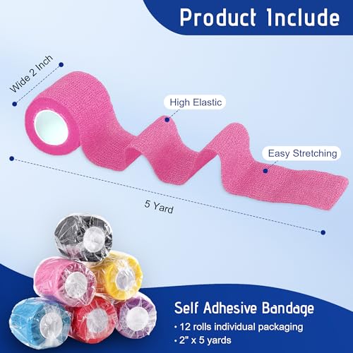 12 Pack Self Adhesive Bandage Wrap 2 Inch X 5 Yards Athletic Tape, Elastic Self Adherent for Ankle, Wrist (Colorful) - color: 12 Color