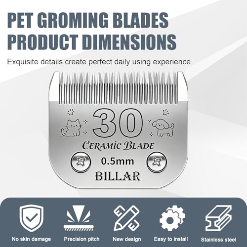 BILLAR® Detachable Pet Dog Clipper Blades, Compatible with Andis Size 30# Cut Length 1/50"(0.5mm),Most Oster A5,Wahl KM10 Series Clippers,Made of Ceramic Blade & Stainless Steel Blade（3PACK） - size: 30#-3PACK