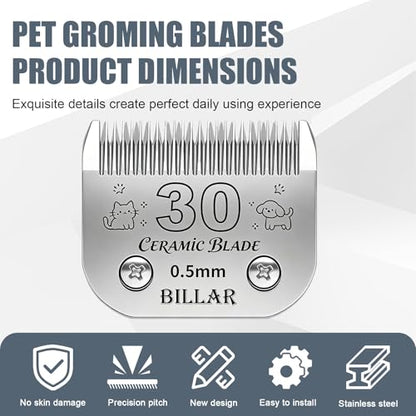 BILLAR® Detachable Pet Dog Clipper Blades, Compatible with Andis Size 30# Cut Length 1/50"(0.5mm),Most Oster A5,Wahl KM10 Series Clippers,Made of Ceramic Blade & Stainless Steel Blade（3PACK） - size: 30#-3PACK