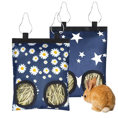 2 Pack Rabbits Hay Feeder Bag, 2 Holes Hanging Bunny Hay Feeder Guinea Pig Feeding Bag Storage Dispenser for Bunny Rabbits Chinchillas Hamsters Small Pets and Animals - color: Blue