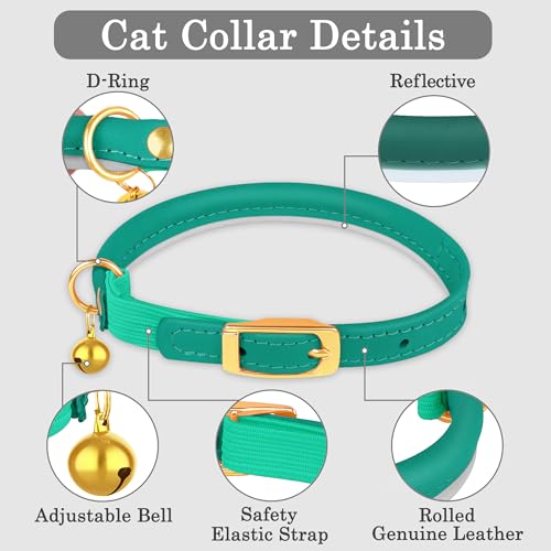OOPSDOGGY Rolled Leather Cat Collar with Bell - Reflective Kitten Collar with Safety Elastic Strap - Adjustable Small Pet Collars for Boy Girl Cats (Teal) - color: Teal