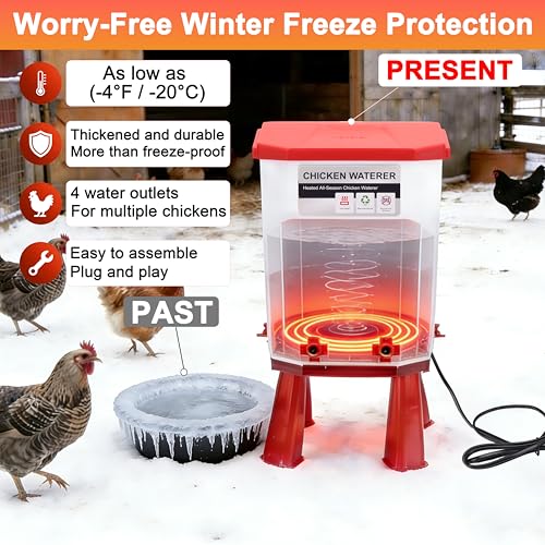 3 Gallon Heated Chicken Waterer, Chicken Water Heater with Thermostat Control,Winter Anti-Freezing Poultry Drinking Water Heater,Hanging/Standing