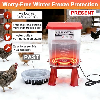 3 Gallon Heated Chicken Waterer, Chicken Water Heater with Thermostat Control,Winter Anti-Freezing Poultry Drinking Water Heater,Hanging/Standing