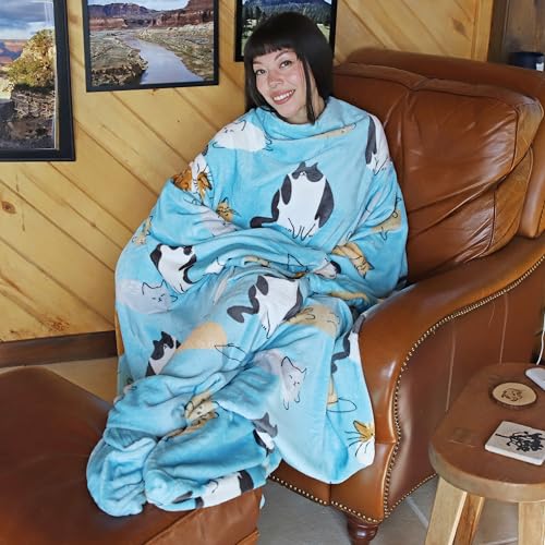 Catalonia Wearable Blanket with Sleeves & Foot Pocket for Adults - color: Cat Blue, size: Fleece
