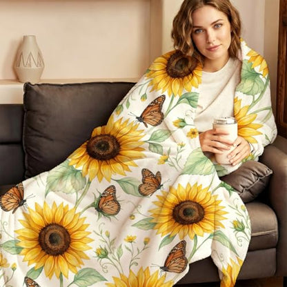 Sunflower and Butterfly Blanket Soft Throw Blanket 60" x 80" - color: Sunflower and Monarch Butterfly, size: 60"x80"