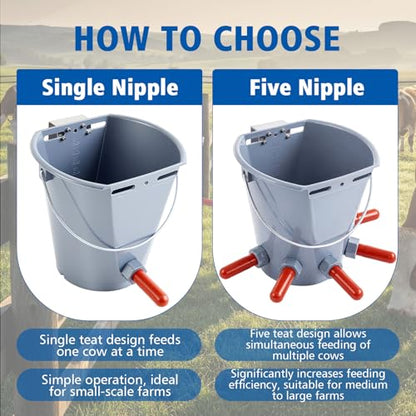 Sawysine 3 Pcs 8.45 Quart Calf Nursing Bucket, Five Teats Feeder with Metal Hanger, Hanging Calf Pail with Nipple Livestock Feeder for Over The Fence, Stall, Barn, Cowshed/Cattle Housing - color: Five Teats