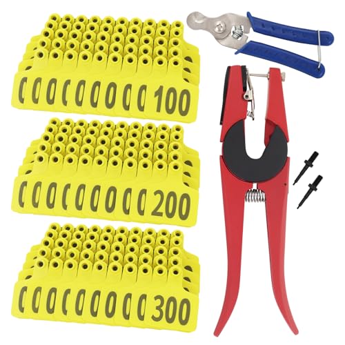Cattle Ear Tags 001-300, 300Pcs Plastic Livestock Ear Tag for Cows Goats Sheep Pigs with Pliers Applicator & 2 Pins, Animal ID Tags for Ranch Farm Herd Tracking, Laser Print (001-300, Yellow) - color: Yellow