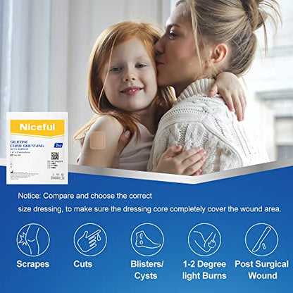 Niceful 10 Count Silicone Foam Dressing 1.6" x 2", Wound Dressing for Minor Surgical Incisions, Abrasions, Absorbent Silicone Bandages for Sensitive Skin, Small Bed Sore Bandages (Pack of 2) - size: 1.6x2 Inch (10 Pcs) (Pack of 2)