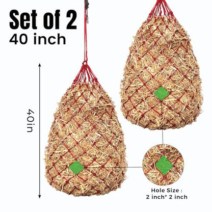 Slow Feed Hay Nets for Horses, 2 Pack, 40 Inch, 2 Inch Holes, Red - color: Red