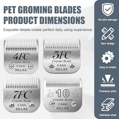 BILLAR® Size 10/7FC/5FC/4FC Detachable Pet Dog Grooming Clipper Ceramic Blades Set,Compatible with Andis,Oster A5,Wahl KM10 Series Clippers,Cut Length 1/16"(1.5mm) to 3/8"(9.5mm),4 Pack - size: 10+7FC+5FC+4FC