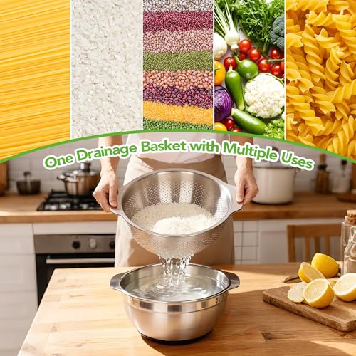 304 Stainless Steel Colander, 2.5 QT Capacity and 2.5 QT Mixing Bowl, Micropore Strainer for Washing Rice, Fruit, and Veggies, Perfect Draining for Cooked Pasta - size: 2.5QT+2.5QT