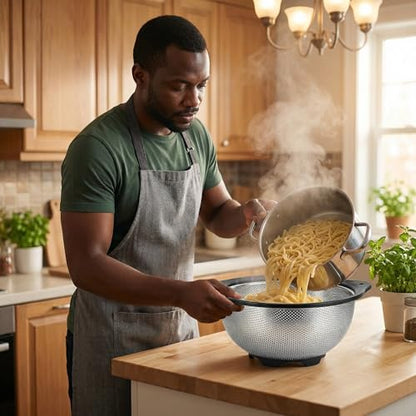 304 Stainless Steel Colander 3-Quart, Heavy Duty Metal Strainer with Riveted Handles, Micro-Perforated Food Strainer for Draining Pasta, Orzo, Rice, Berry, Stable Ring Base, Rust Free - size: 3QT-Black edge