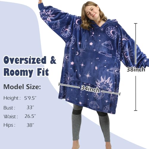 Catalonia Oversized Blanket Hoodie, Astrology Print Fleece Wearable Blanket - color: Astrology Navy