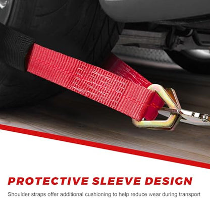 2" × 29" Premium Axle Tie Down Strap with D Rings, Heavy Duty Auto Axle Tow Strap with Protective Sleeve, 6614 Lbs Tire Wheel Tie-Down Straps for Securing Vehicle Transport (Red) - color: Red